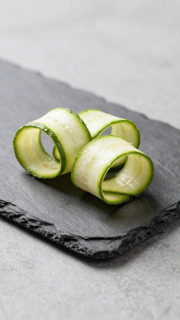 small slate plate with crisp zucchini ribbon, side light