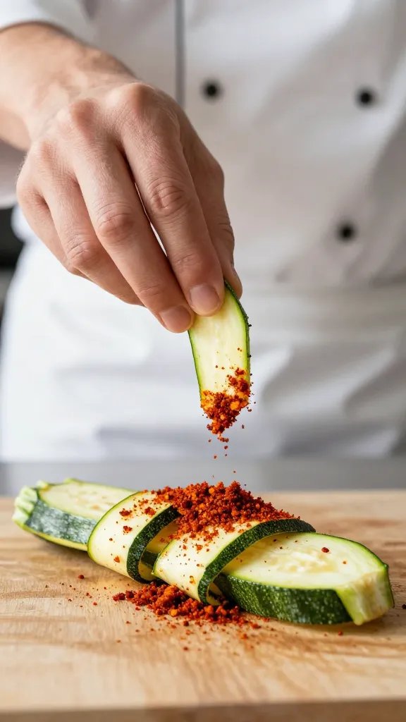 chef’s pinch of ras el hanout over one zucchini ribbon