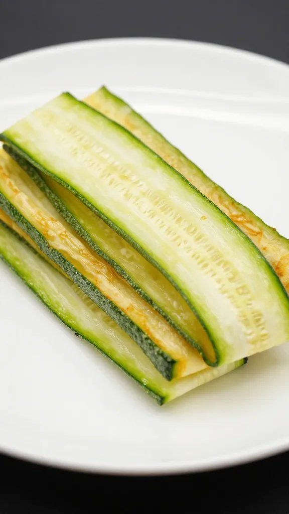 matte white plate with stacked crispy zucchini ribbon, closeup