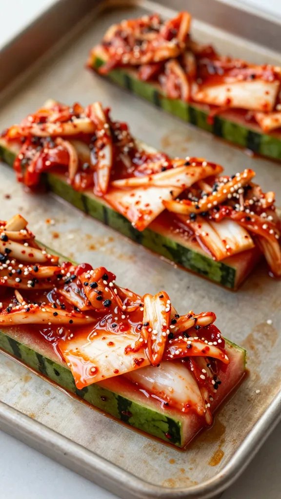 thin-sliced watermelon rind seasoned kimchi-style on baking tray
