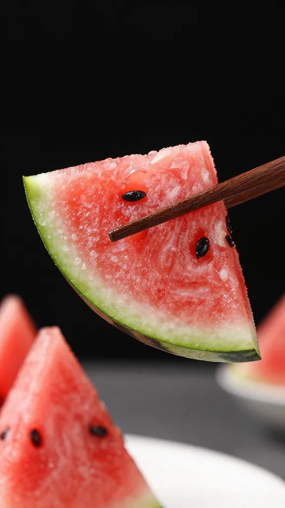 crispy watermelon chip held by chopsticks, shallow depth