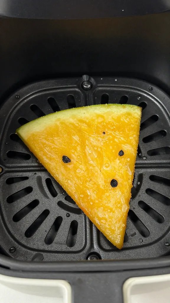 air fryer basket with single golden watermelon rind chip