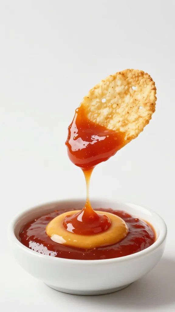 single dipping action: chip edge touching gochujang mayo