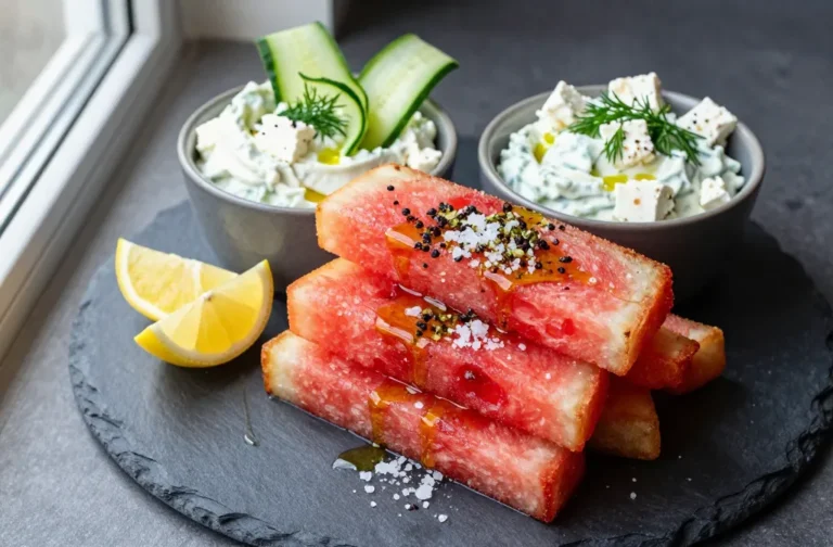 Crispy Juicy Air Fryer Greek Watermelon Fries with Tzatziki Feta Foam