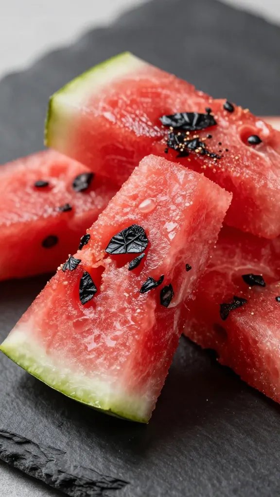 closeup of charred watermelon fry on black slate