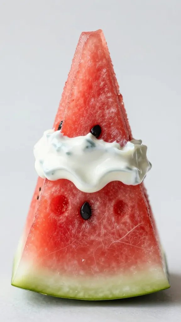 single watermelon fry dipped in tzatziki feta foam