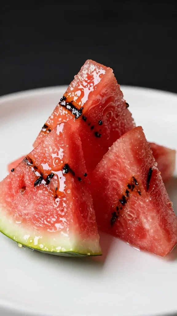 glossy watermelon fry with grill marks, studio lighting