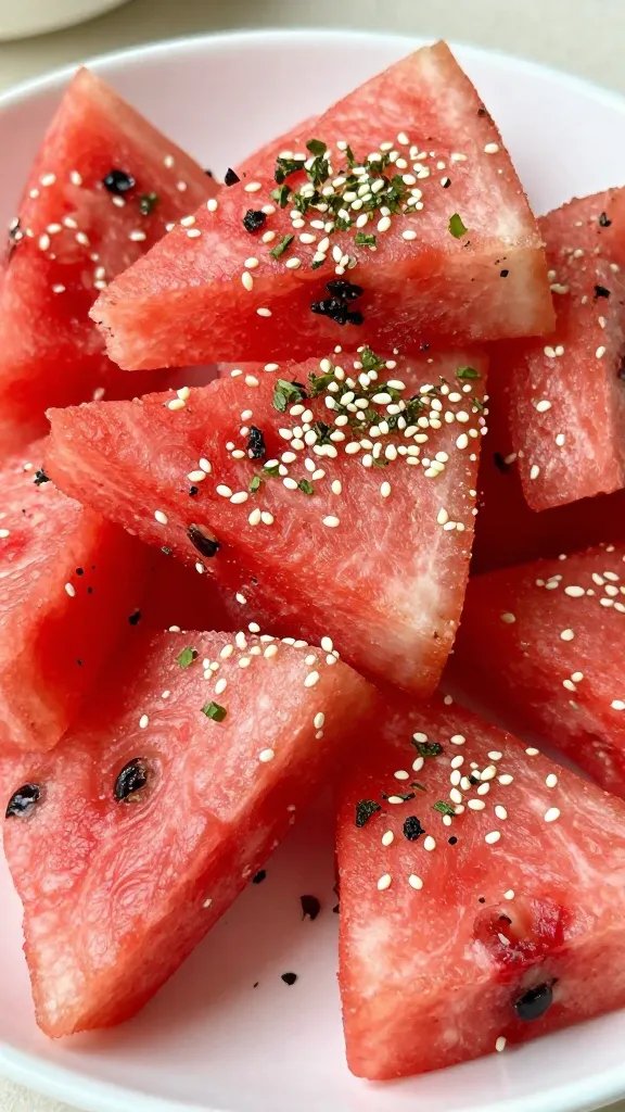 watermelon fry with sesame and oregano garnish