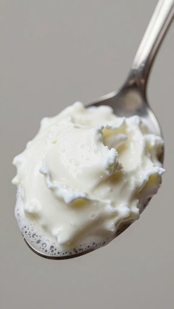 closeup of foamy tzatziki peak on silver spoon