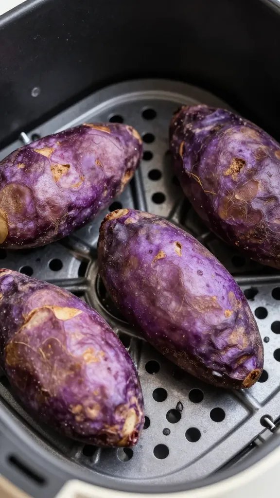 closeup of purple potato wedge in air fryer basket