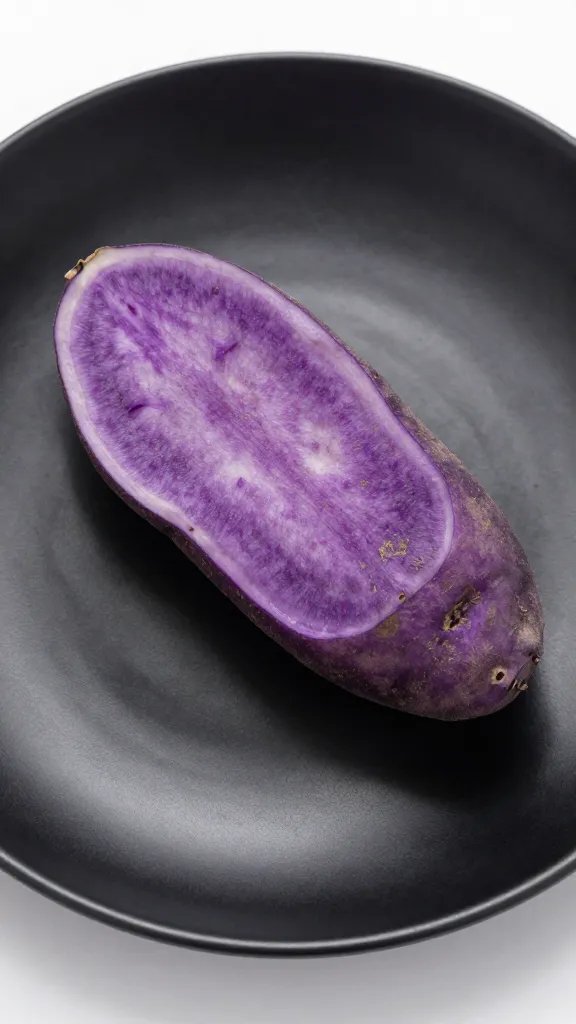 single purple potato wedge on matte black plate