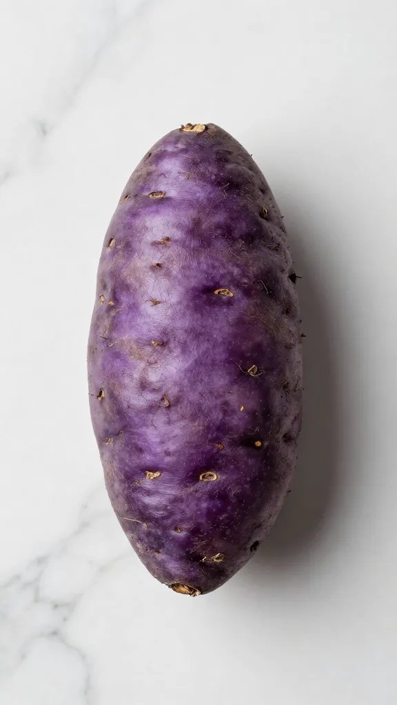single raw Peruvian purple potato on marble countertop