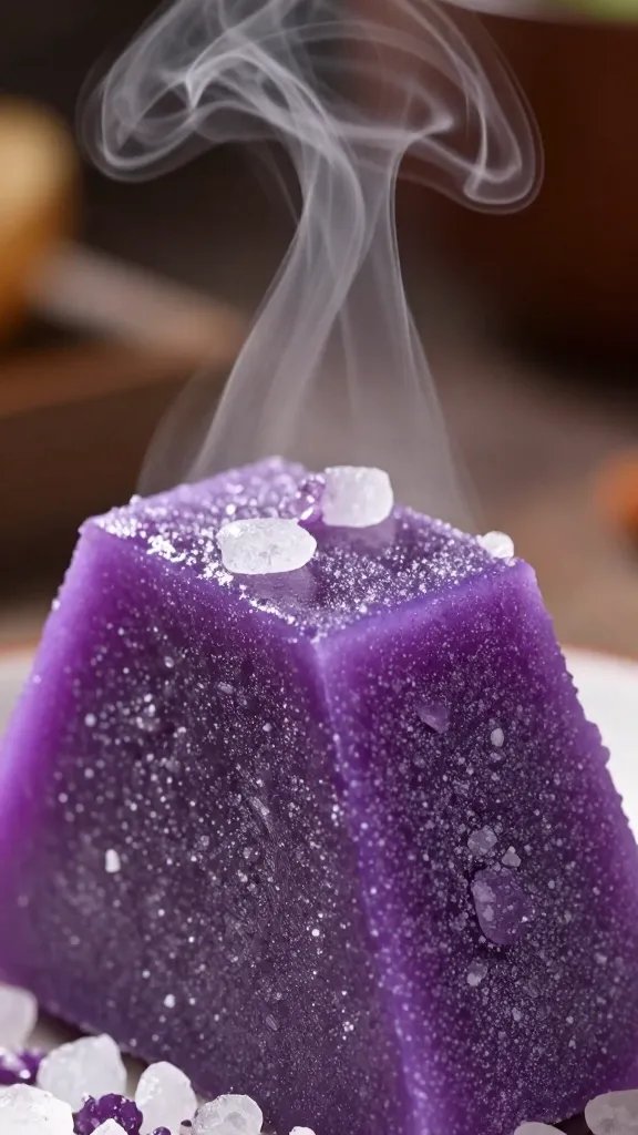 closeup of salted purple wedge with steam rising