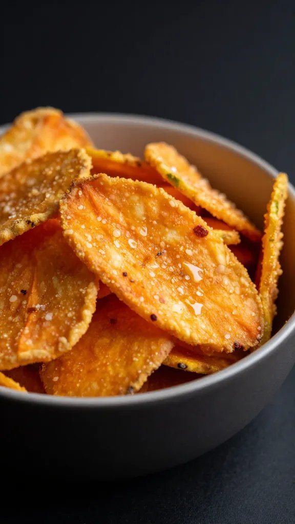 closeup bowl of air-fried papaya chips, matte black background