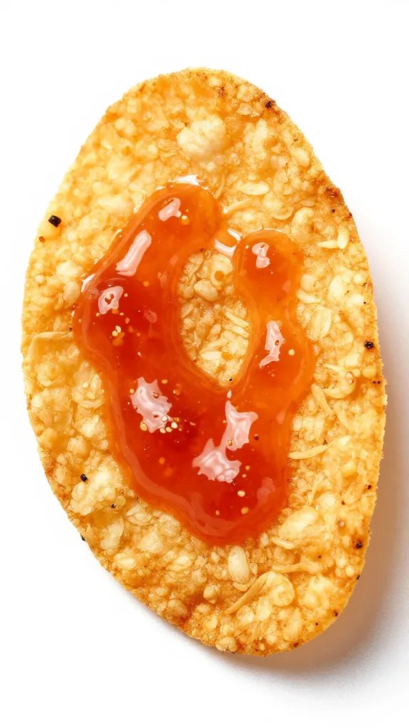 single papaya chip with nuoc cham drizzle, macro shot