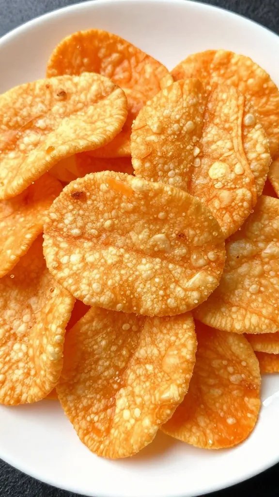 white plate of Thai papaya chips, tight overhead