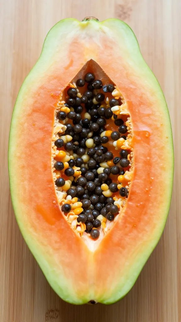green papaya half on cutting board, julienne texture detail