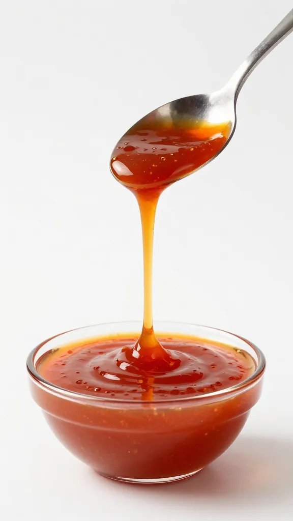 spoon of nuoc cham sauce, suspended drip, studio lighting