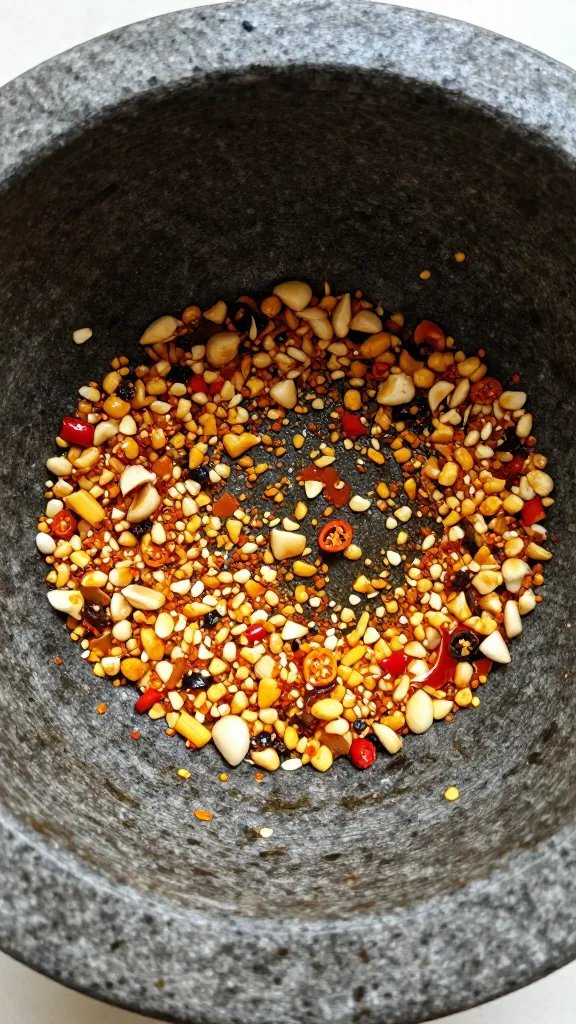 mortar with smashed garlic and chilies, high-contrast closeup