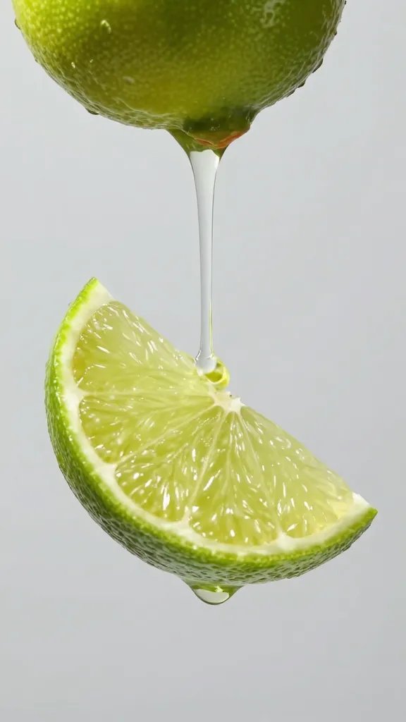 lime wedge squeezed over chip, juice mid-drip, macro