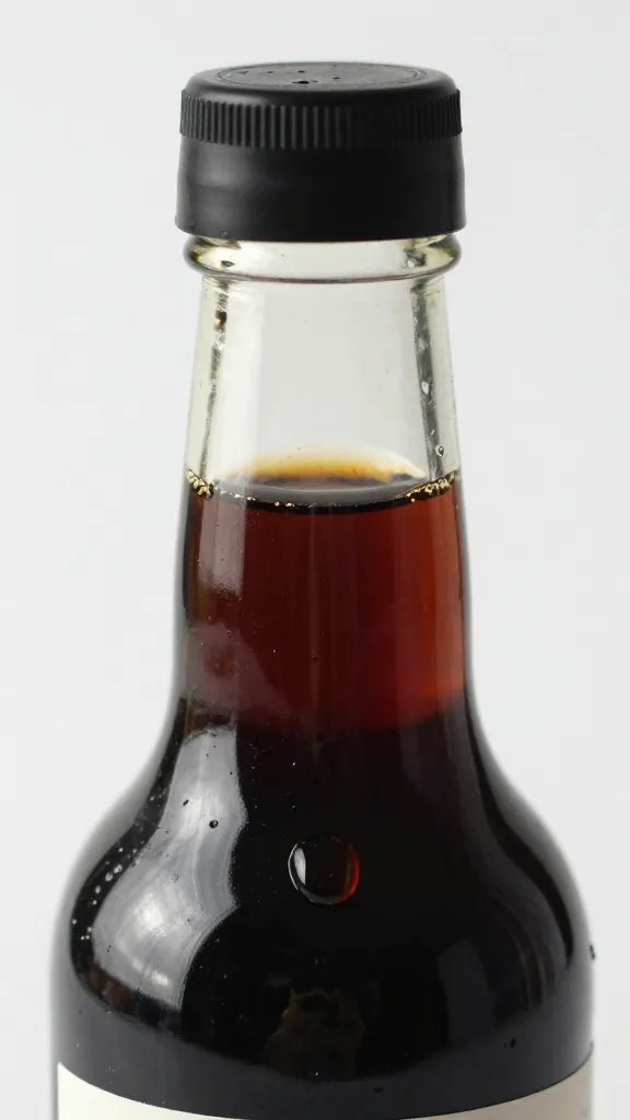 glossy fish sauce bottle neck, single droplet, close focus