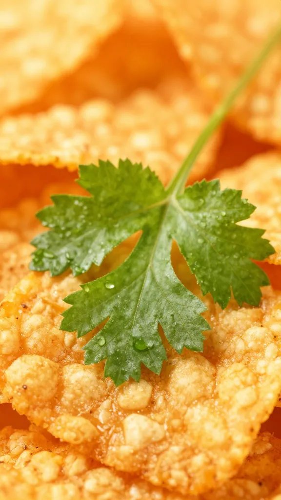 cilantro leaf on papaya chip, sharp macro, blurred backdrop