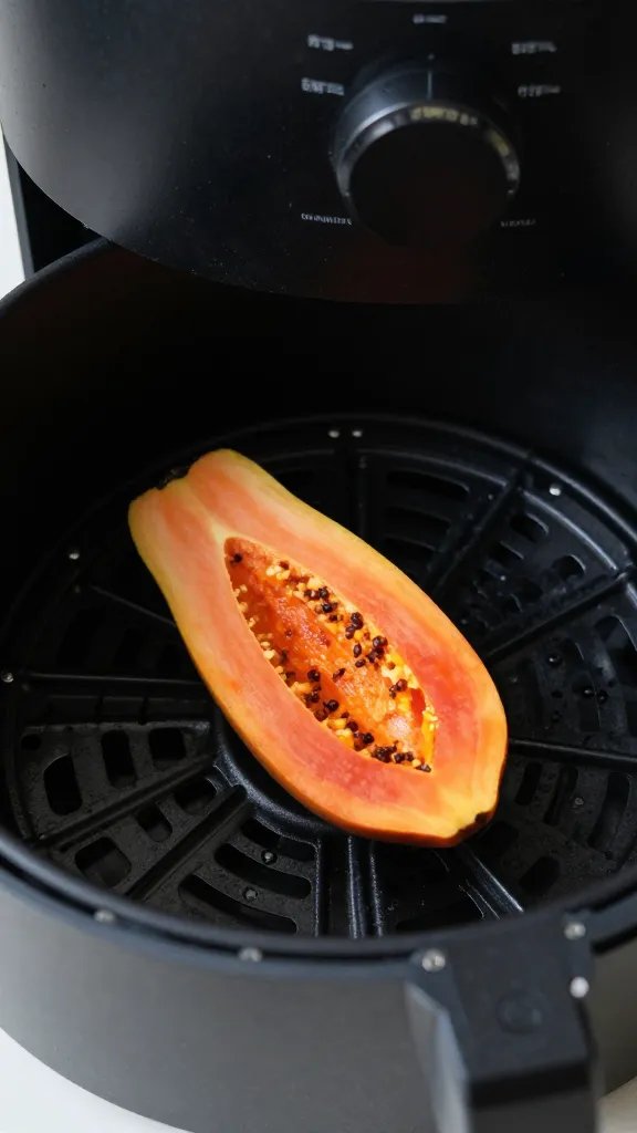 air fryer basket with one crisp papaya chip, moody light
