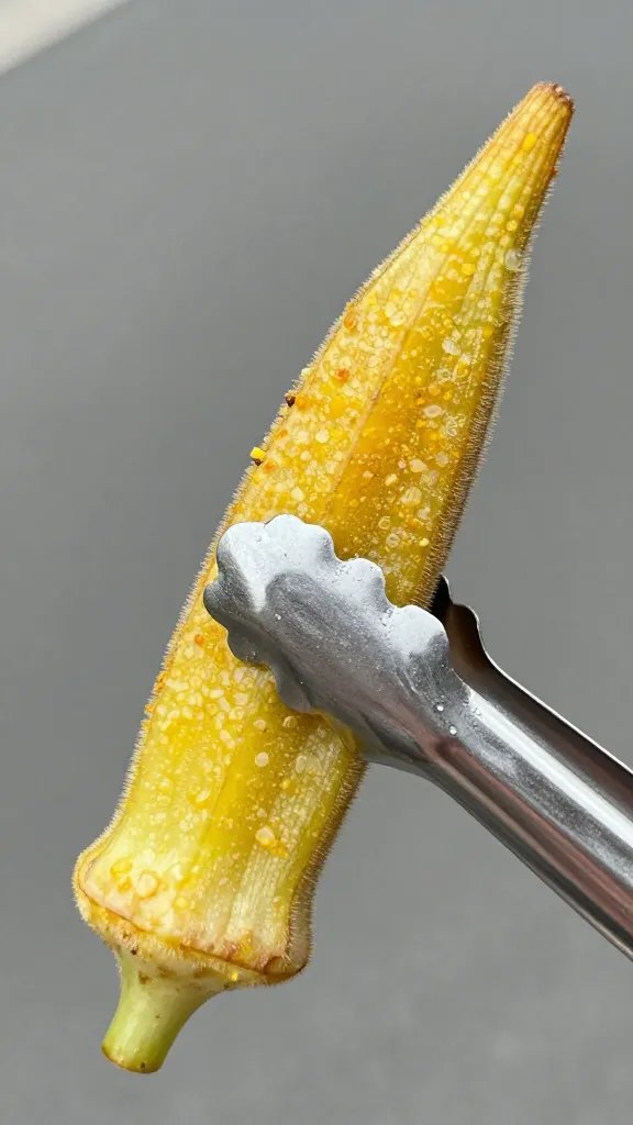 golden-crisp okra pod held with stainless tongs
