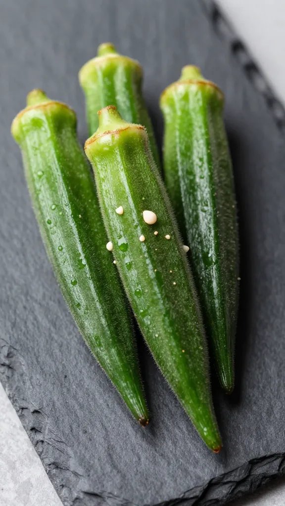 char-kissed okra pod on slate serving board