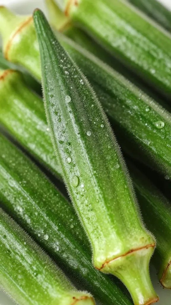 closeup okra pod with visible salt flakes