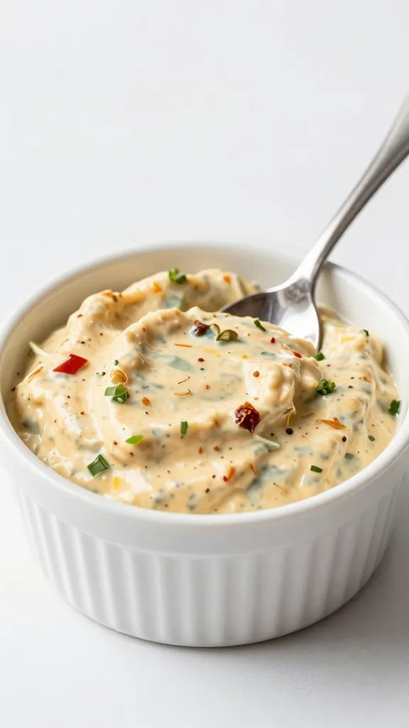 ramekin of spicy remoulade with spoon