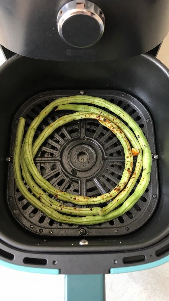 air fryer basket with one seasoned yardlong bean