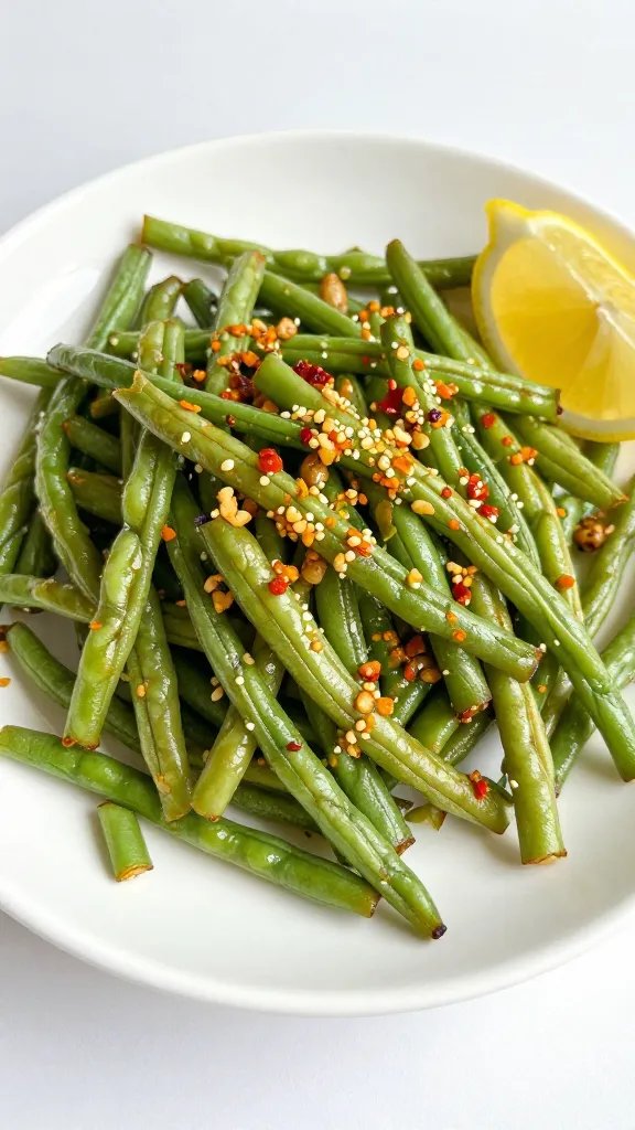 plated yardlong bean fry beside lemon wedge