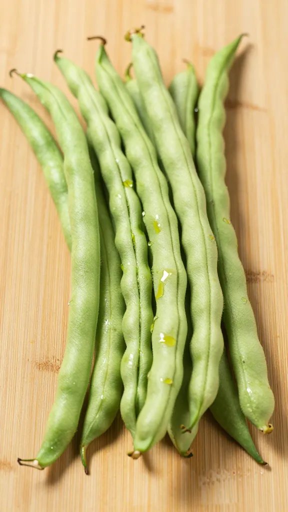 raw yardlong bean with oil sheen on board