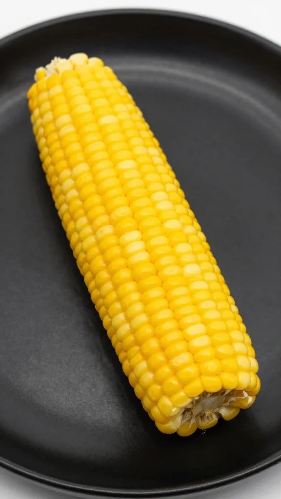 single corn rib elote-style on matte black plate, closeup