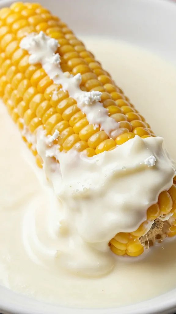corn rib dipped in cotija-ancho crema, macro shot