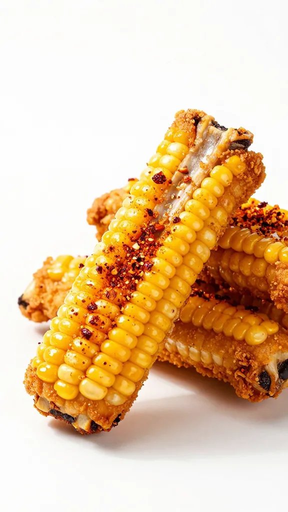 golden air-fried corn rib with chili dust, studio light