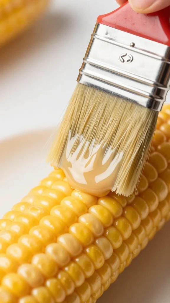 brush glazing one corn rib with crema, tight shot