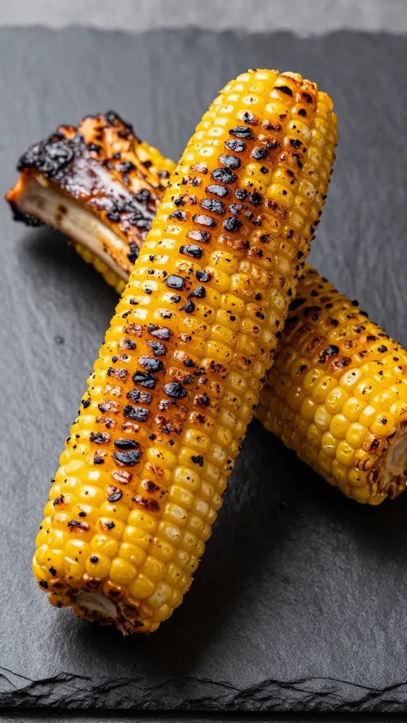 roasted corn rib on slate board with charred edges