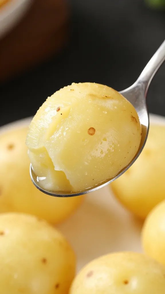 fluffy potato interior scooped in stainless spoon