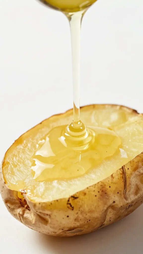 drizzle of pickle brine over baked potato skin
