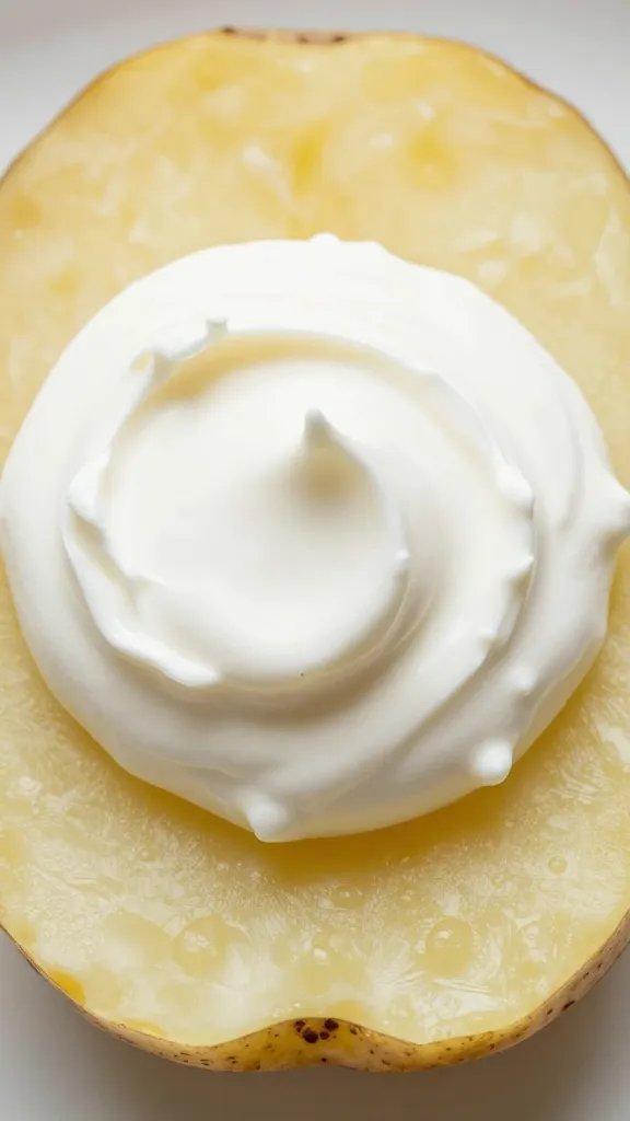dollop of sour cream on potato skin closeup