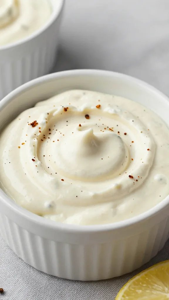 Tangy Alabama white BBQ dip in ramekin, pepper flecks