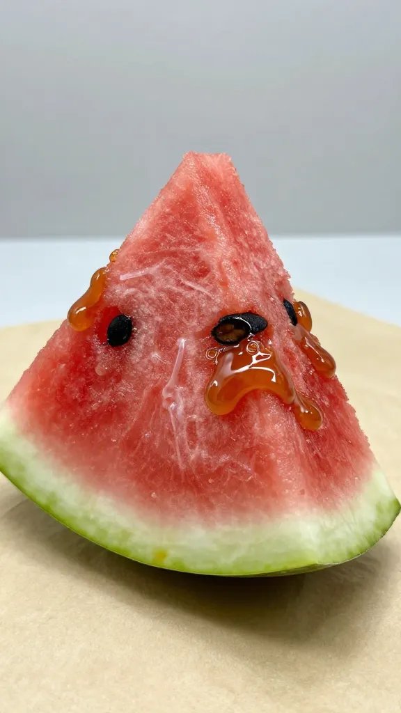 Caramelized watermelon wedge on parchment, sticky sheen