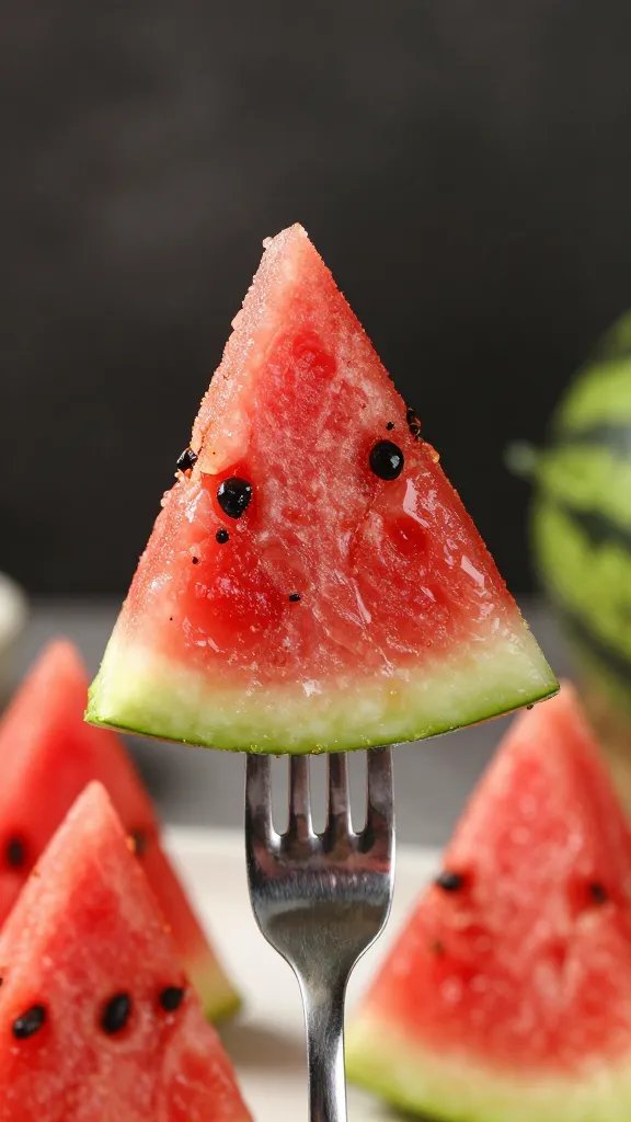 Spice-rubbed watermelon “rib” on fork, shallow depth