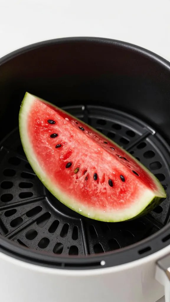 Air fryer basket holding one glazed watermelon wedge