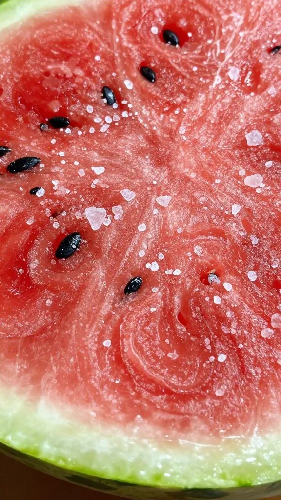Cross-section of seasoned watermelon “rib,” coarse salt
