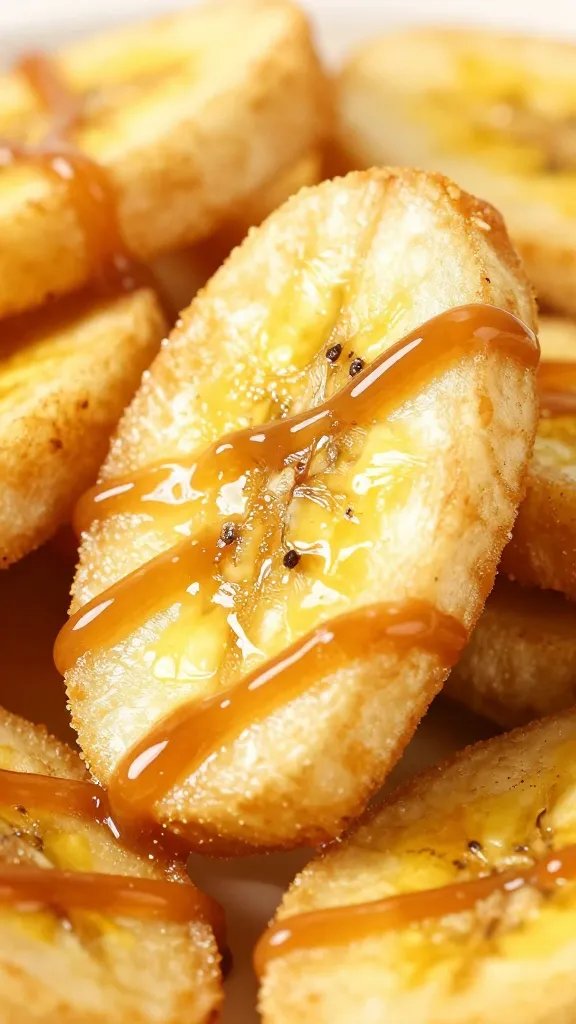 closeup of air-fried banana chip with caramel drizzle