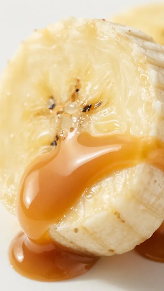macro of salted caramel drip on banana round