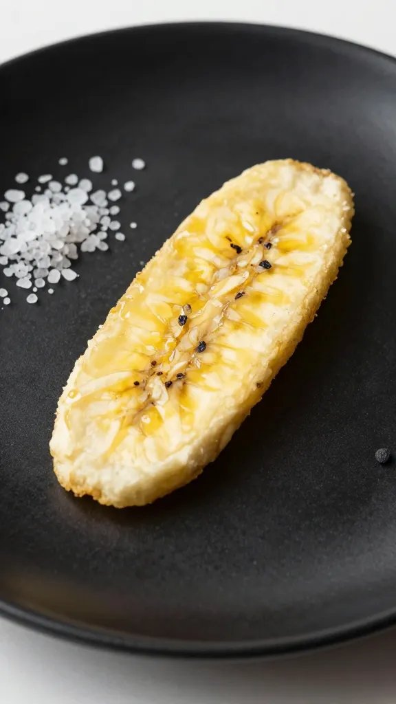 single banana chip on matte black plate, sea salt